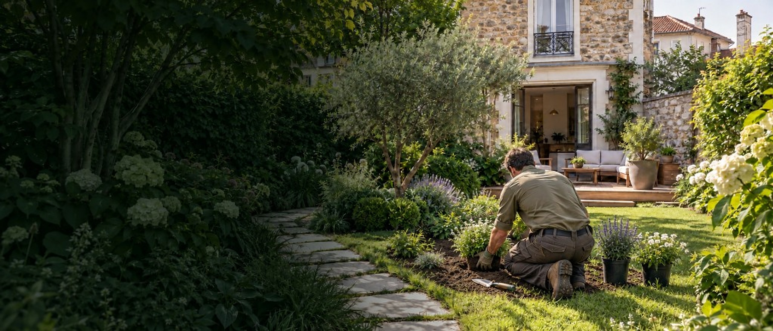 Paysagiste au travail dans un jardin de ville, massifs et allée de pierre