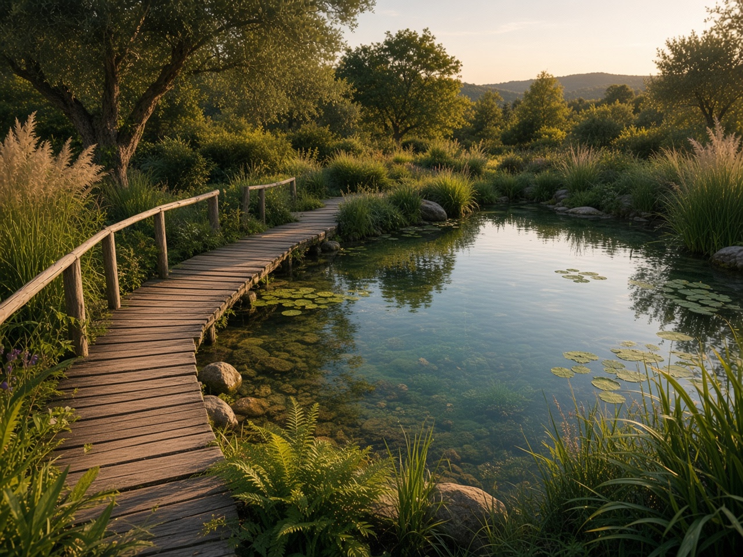 Jardin aménagé avec massifs, allée et végétation